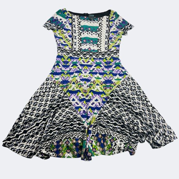 Gabby Skye Geometric Boho Mixed Print Short Sleeve Fit Flare Dress Work Sz 4 - Picture 1 of 11